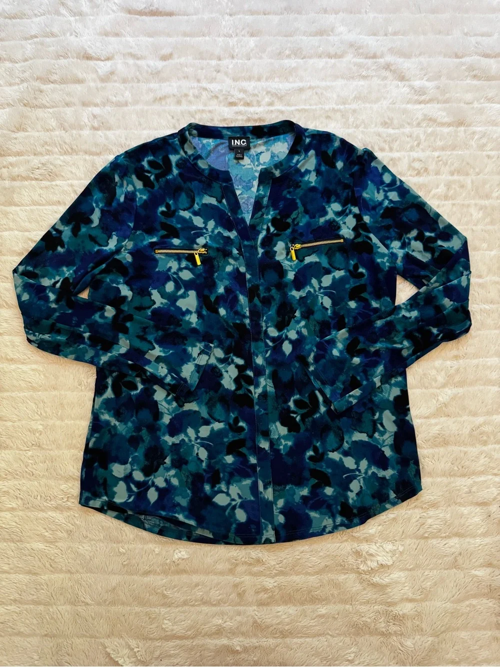INC International Concepts Blue Print Zip-Pocket Shirt
